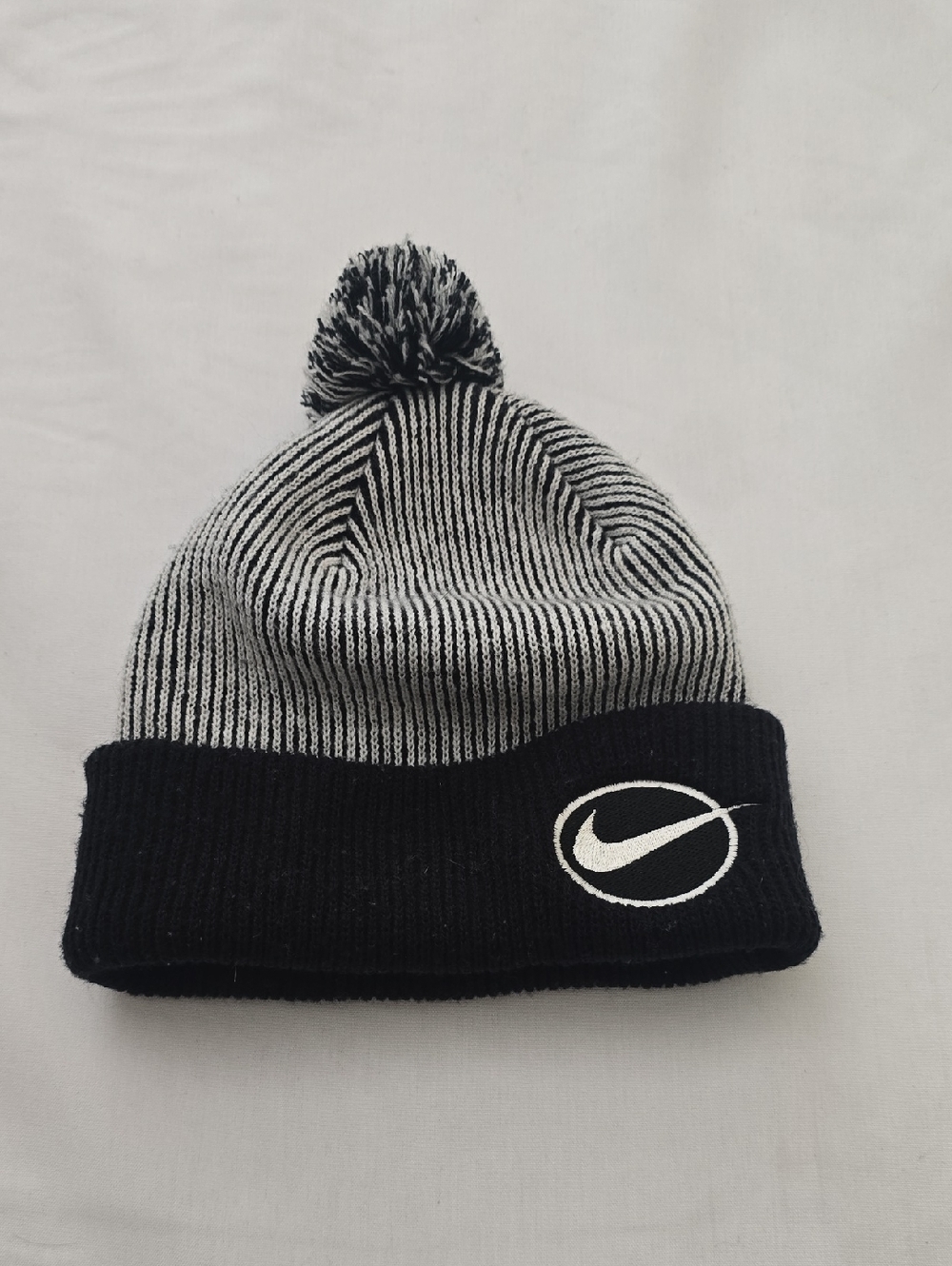 Nike Vintage 90's Black and Gray Striped Pom Beanie with Swoosh
